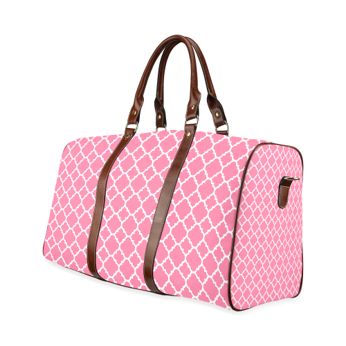 pink white quatrefoil classic pattern Waterproof Travel Bag/Large (Model 1639)