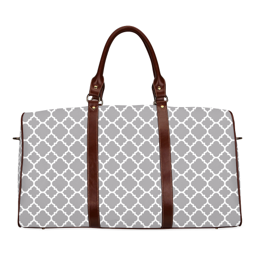 grey white quatrefoil classic pattern Waterproof Travel Bag/Large (Model 1639)