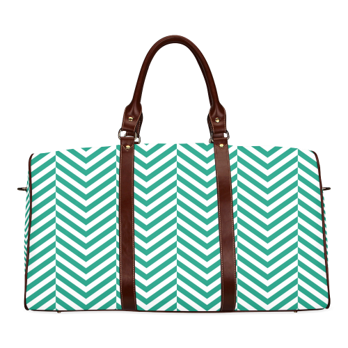 emerald green and white classic chevron pattern Waterproof Travel Bag/Large (Model 1639)