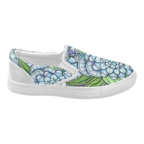 Blue Green flower drawing peaceful garden 2 Women's Slip-on Canvas Shoes (Model 019)