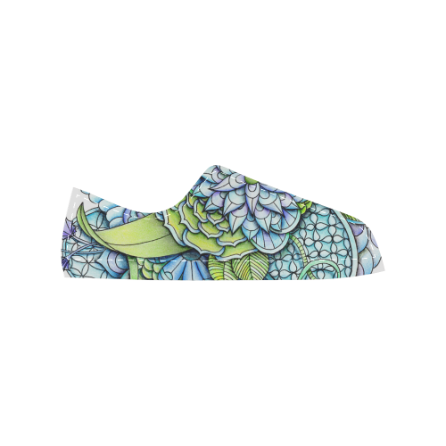 Blue green flower drawing Peaceful Garden Women's Classic Canvas Shoes (Model 018)