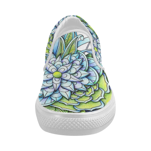 Blue green flower drawing Peaceful Garden Women's Slip-on Canvas Shoes (Model 019)