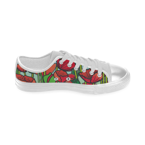 field of poppy flowers red floral cartoon Women's Classic Canvas Shoes (Model 018)