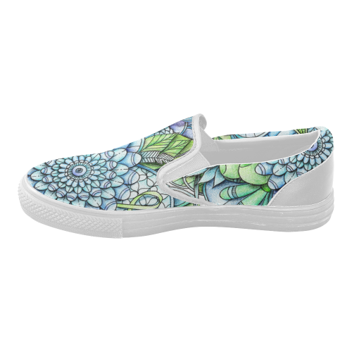 Blue Green flower drawing peaceful garden 2 Women's Slip-on Canvas Shoes (Model 019)