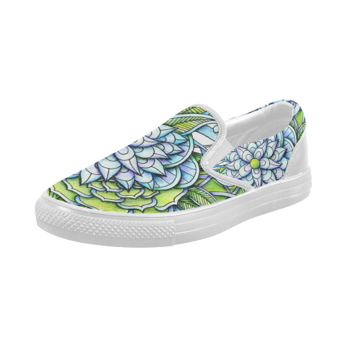 Blue green flower drawing Peaceful Garden Women's Slip-on Canvas Shoes (Model 019)