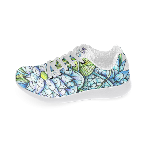Blue green flower drawing Peaceful Garden Women’s Running Shoes (Model 020)
