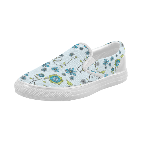 blue fantasy doodle flower pattern Women's Slip-on Canvas Shoes (Model 019)