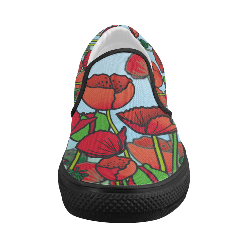 field of poppy flowers red floral Women's Slip-on Canvas Shoes (Model 019)