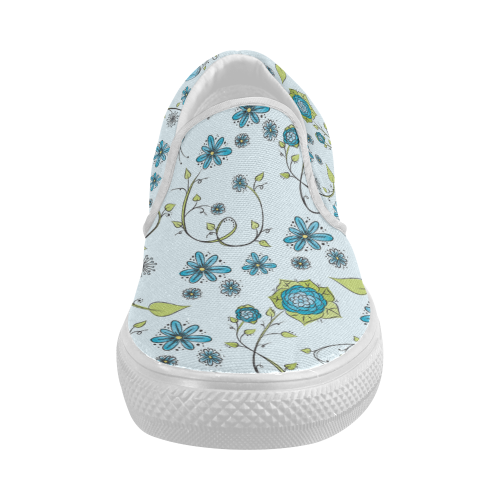 blue fantasy doodle flower pattern Women's Slip-on Canvas Shoes (Model 019)