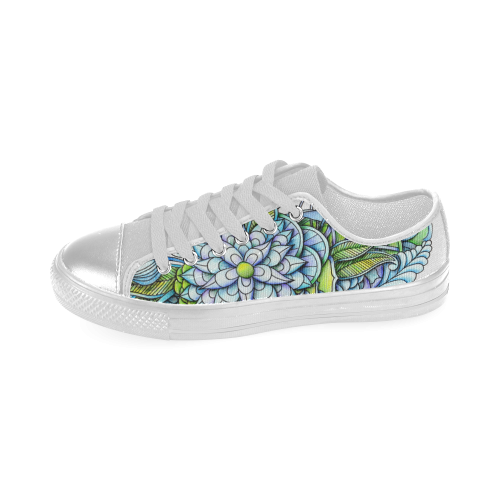 Blue green flower drawing Peaceful Garden Women's Classic Canvas Shoes (Model 018)