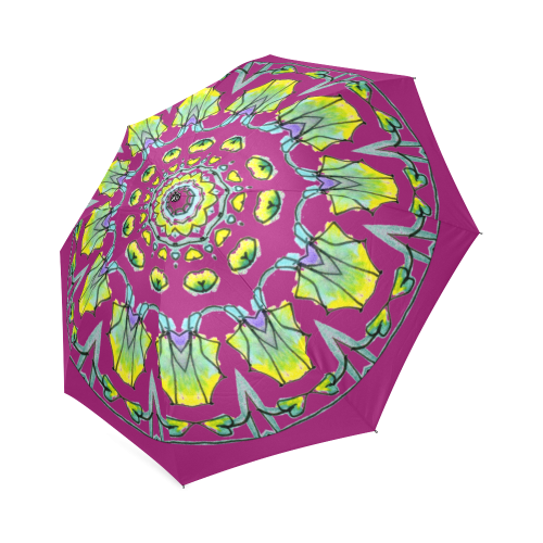 Yellow, Green, Purple Flowers, Leaves Mandala Plum Foldable Umbrella (Model U01)