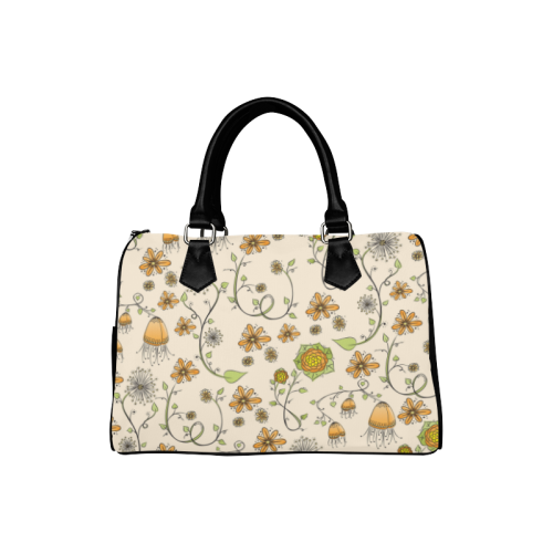 yellow orange fantasy doodle flower pattern Boston Handbag (Model 1621)