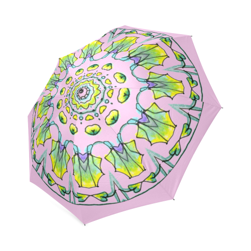 Yellow, Green, Purple Flowers, Leaves Mandala Pastel Pink Foldable Umbrella (Model U01)