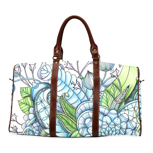 Blue Green flower drawing peaceful garden 2 Waterproof Travel Bag/Large (Model 1639)