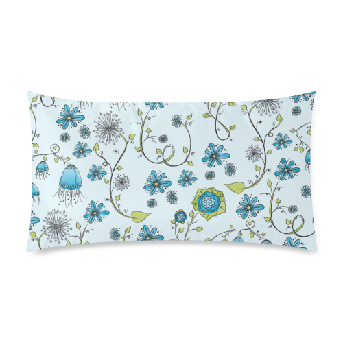 blue fantasy doodle flower pattern Rectangle Pillow Case 20"x36"(Twin Sides)