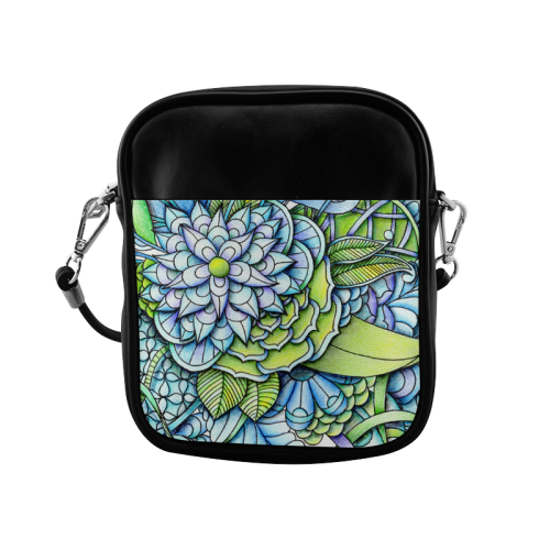 Blue green flower drawing Peaceful Garden Sling Bag (Model 1627)