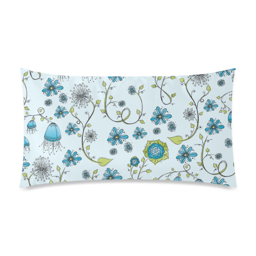 blue fantasy doodle flower pattern Rectangle Pillow Case 20"x36"(Twin Sides)