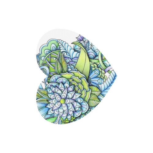 Blue green flower drawing Peaceful Garden Heart-shaped Mousepad