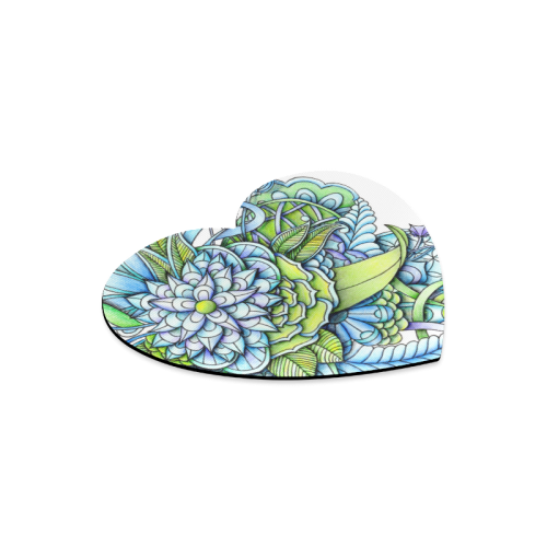 Blue green flower drawing Peaceful Garden Heart-shaped Mousepad