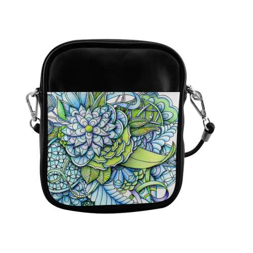 Blue green flower drawing Peaceful Garden Sling Bag (Model 1627)