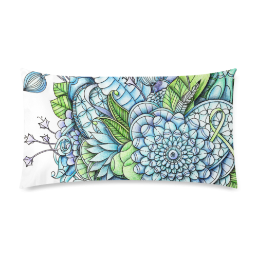 Blue Green flower drawing peaceful garden 2 Rectangle Pillow Case 20"x36"(Twin Sides)