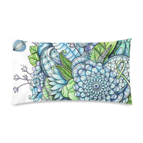 Blue Green flower drawing peaceful garden 2 Rectangle Pillow Case 20"x36"(Twin Sides)