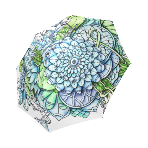 Blue Green flower drawing peaceful garden 2 Foldable Umbrella (Model U01)