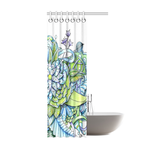 Blue green flower drawing Peaceful Garden Shower Curtain 36"x72"