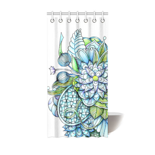 Blue green flower drawing Peaceful Garden Shower Curtain 36"x72"