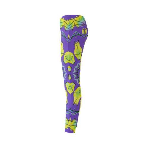 Yellow Green Purple Flowers Leaves Wheel Mandala Purple Cassandra Women's Leggings (Model L01)