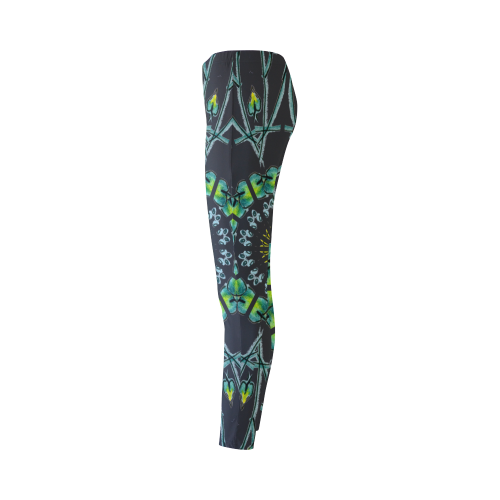 Glowing Green Flower Vines Branches Matrix Mandala Black Cassandra Women's Leggings (Model L01)