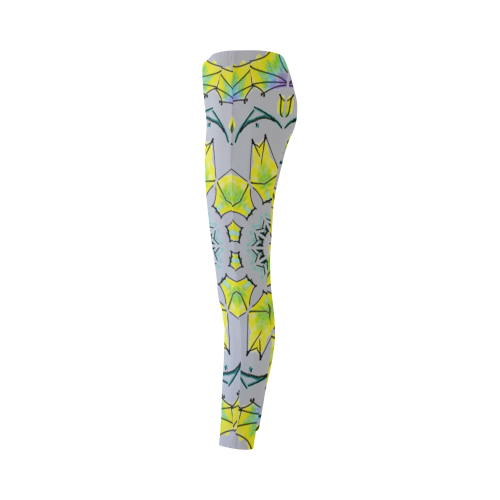 Yellow Green Purple Flowers Leaves Wheel Mandala Gray Cassandra Women's Leggings (Model L01)