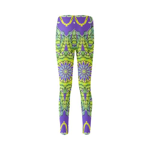 Lime Green Yellow Leaves Star Matrix Mandala Purple Cassandra Women's Leggings (Model L01)