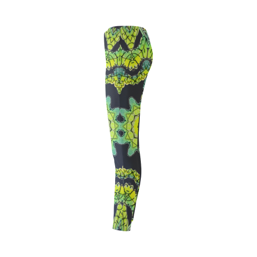 Glowing Green Leaves Flower Arches Star Mandala Black Cassandra Women's Leggings (Model L01)