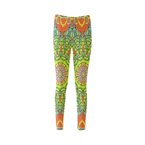 Lime Green Yellow Leaves Star Matrix Mandala Orange Cassandra Women's Leggings (Model L01)