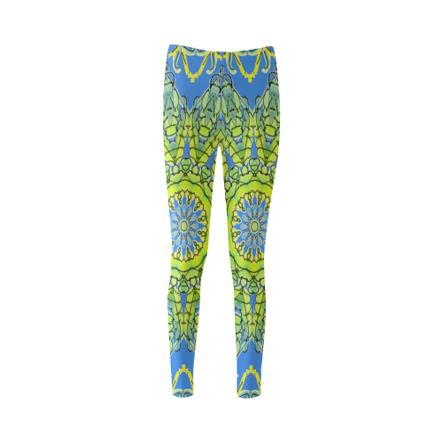 Lime Green Yellow Leaves Star Matrix Mandala Blue Cassandra Women's Leggings (Model L01)