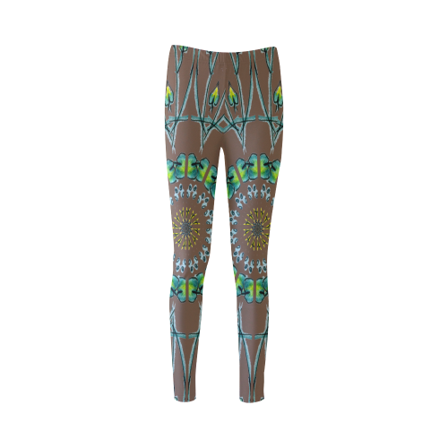 Glowing Green Flower Vines Branches Matrix Mandala Dark Brown Cassandra Women's Leggings (Model L01)