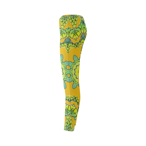 Glowing Green Leaves Flower Arches Star Mandala Gold Cassandra Women's Leggings (Model L01)