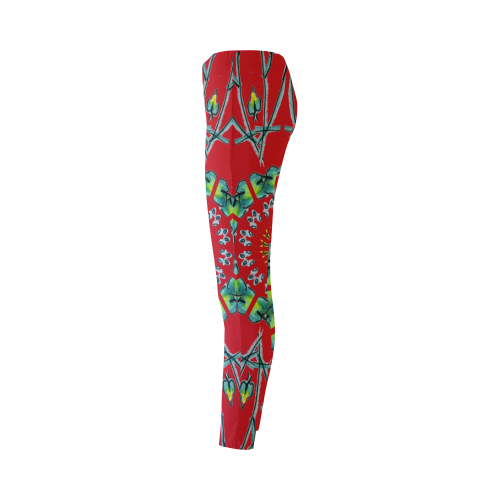 Glowing Green Flower Vines Branches Matrix Mandala Red Cassandra Women's Leggings (Model L01)