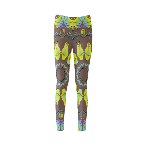 Yellow Green Purple Flowers Leaves Wheel Mandala Dark Brown Cassandra Women's Leggings (Model L01)