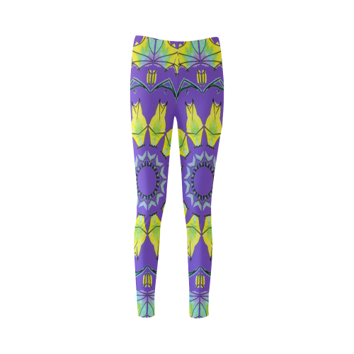 Yellow Green Purple Flowers Leaves Wheel Mandala Purple Cassandra Women's Leggings (Model L01)