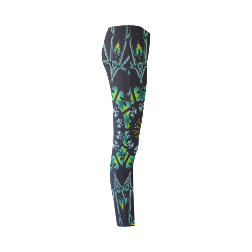 Glowing Green Flower Vines Branches Matrix Mandala Black Cassandra Women's Leggings (Model L01)