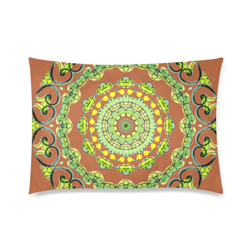 Green Lace Flowers, Leaves Mandala Design Brown Custom Zippered Pillow Case 20"x30" (one side)