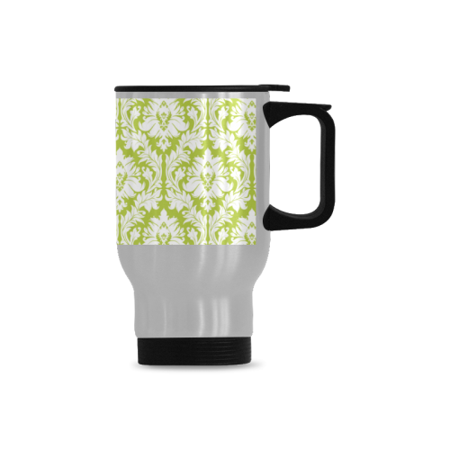 damask pattern spring green and white Travel Mug (Silver) (14 Oz)