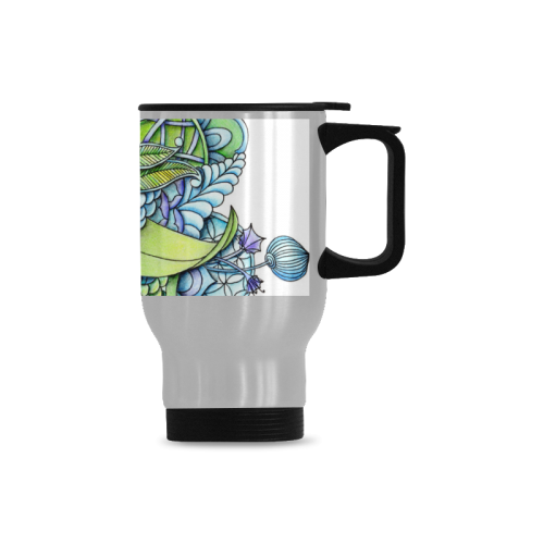 Blue green flower drawing Peaceful Garden Travel Mug (Silver) (14 Oz)