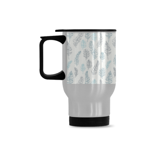 blue on grey whimsical feathers pattern Travel Mug (Silver) (14 Oz)