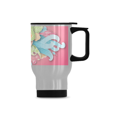 bright blue green pink yellow flowers Travel Mug (Silver) (14 Oz)