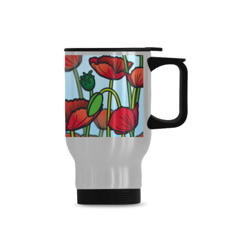 field of poppy flowers red floral Travel Mug (Silver) (14 Oz)