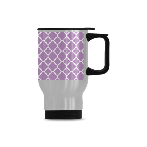 purple lilac white quatrefoil classic pattern Travel Mug (Silver) (14 Oz)