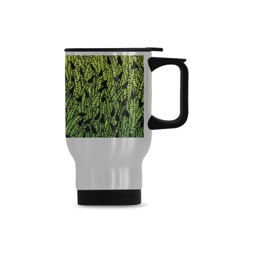 yellow green ombre feathers pattern black Travel Mug (Silver) (14 Oz)